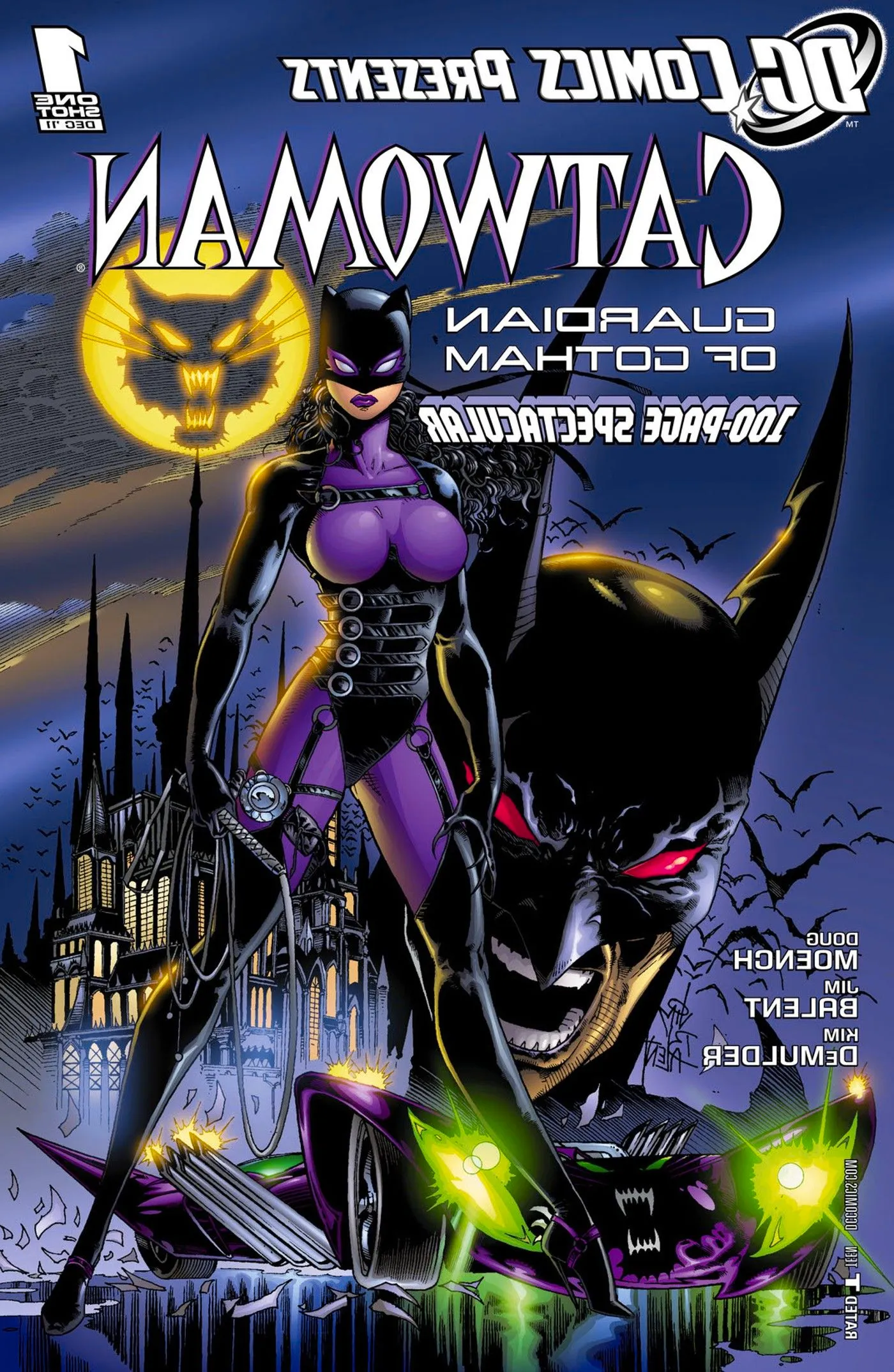 Catwoman stands on the cover of Catwoman: Guardian of Gotham, with a close-up of a red-eyed menacing Batman behind her. Image