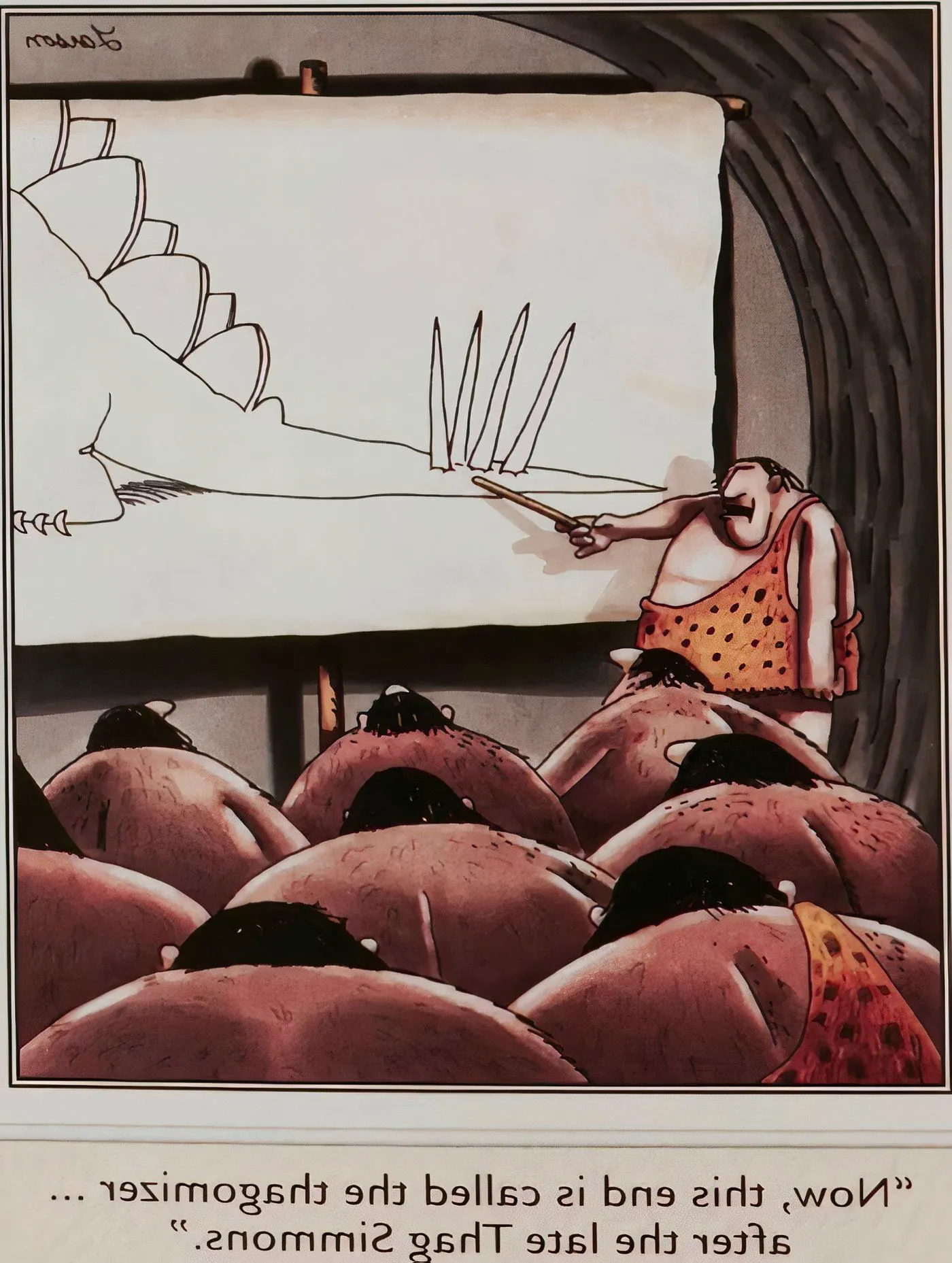 Cavemen learning about dinosaur anatomy in The Far Side. Image