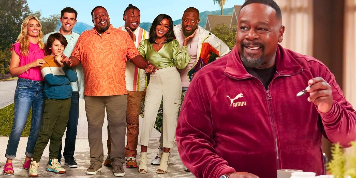 Cedric the Entertainer laughs composited with an image of the cast of The Neighborhood Image