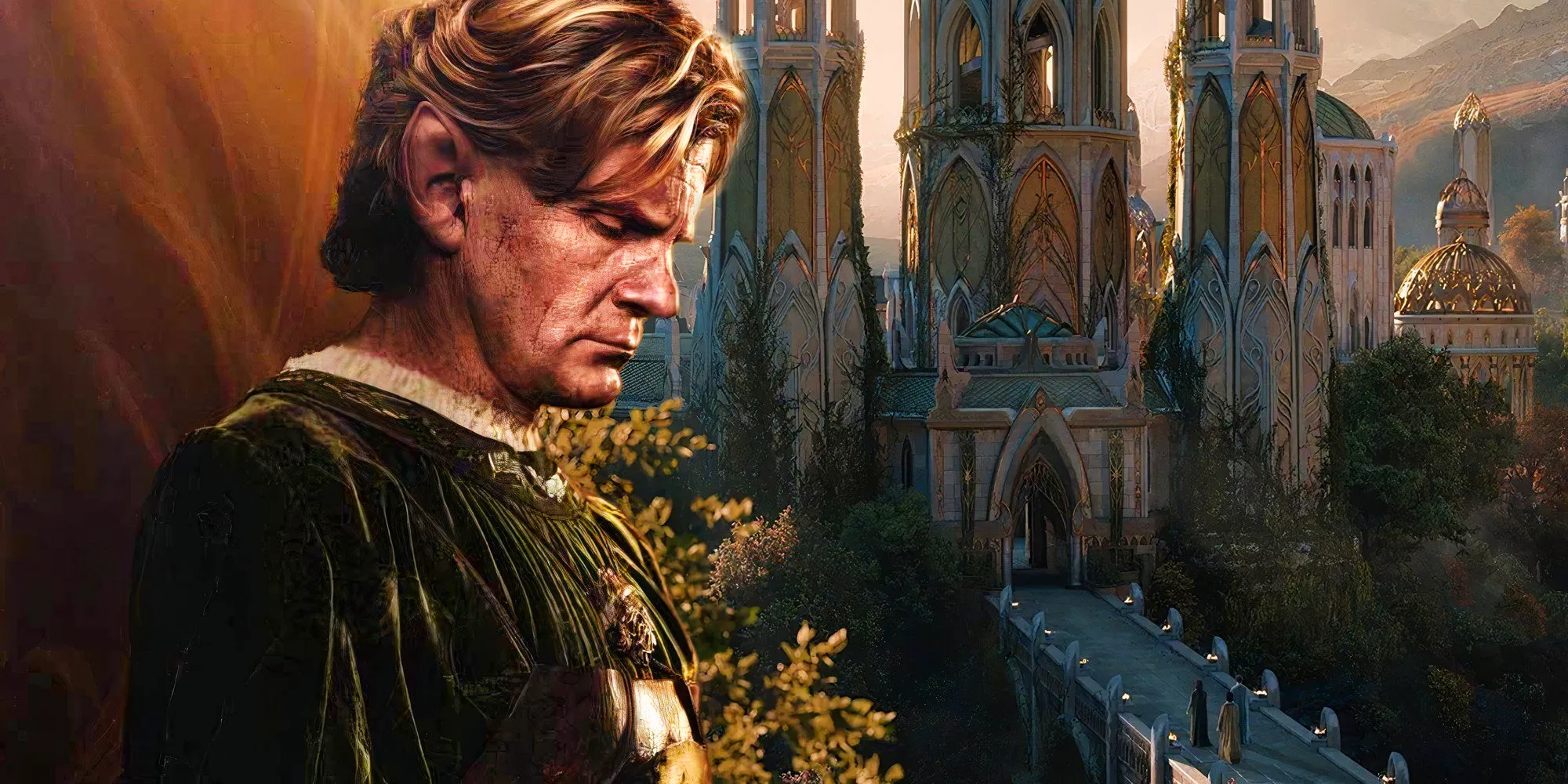 Celebrimbor in his Rings of Power season 2 (2024) character poster next to the cityscape of Eregion Image