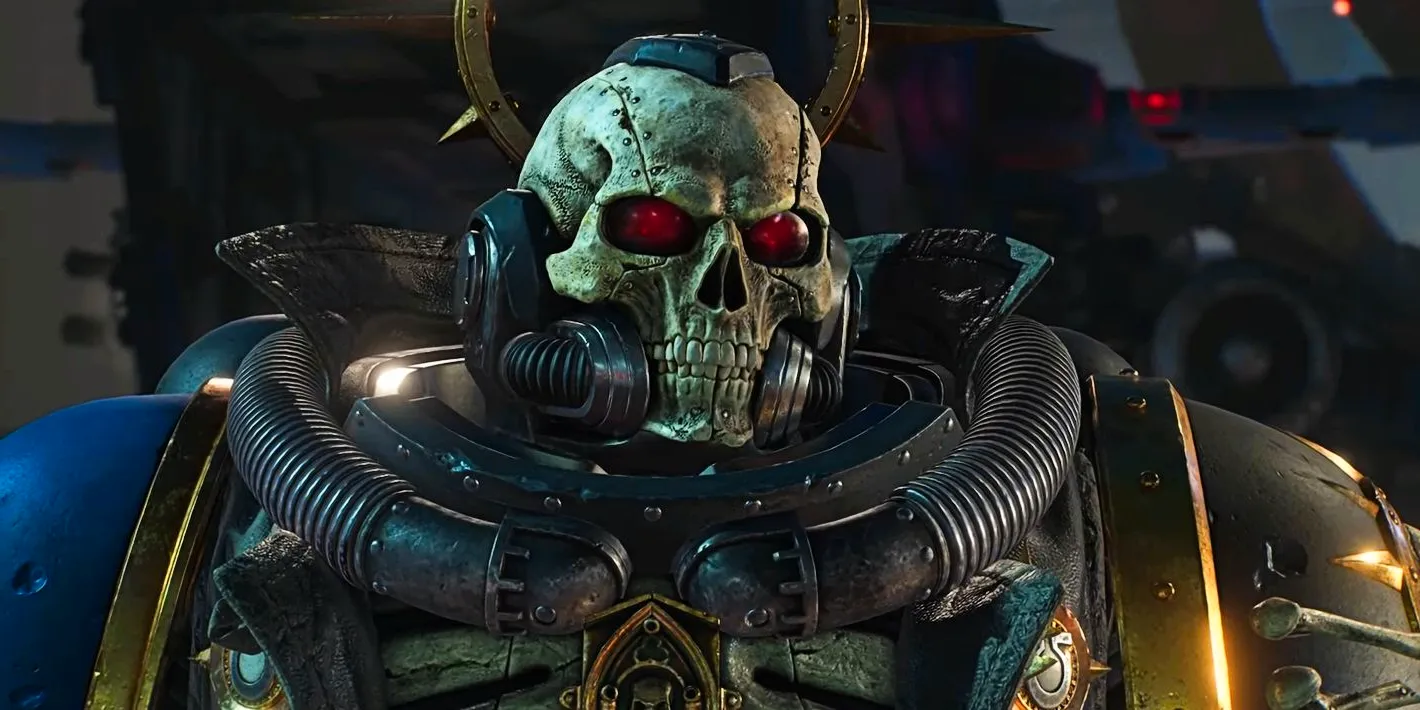 Chaplain Quintus in his skull-helmet power armor from Warhammer 40K: Space Marine 2. Image