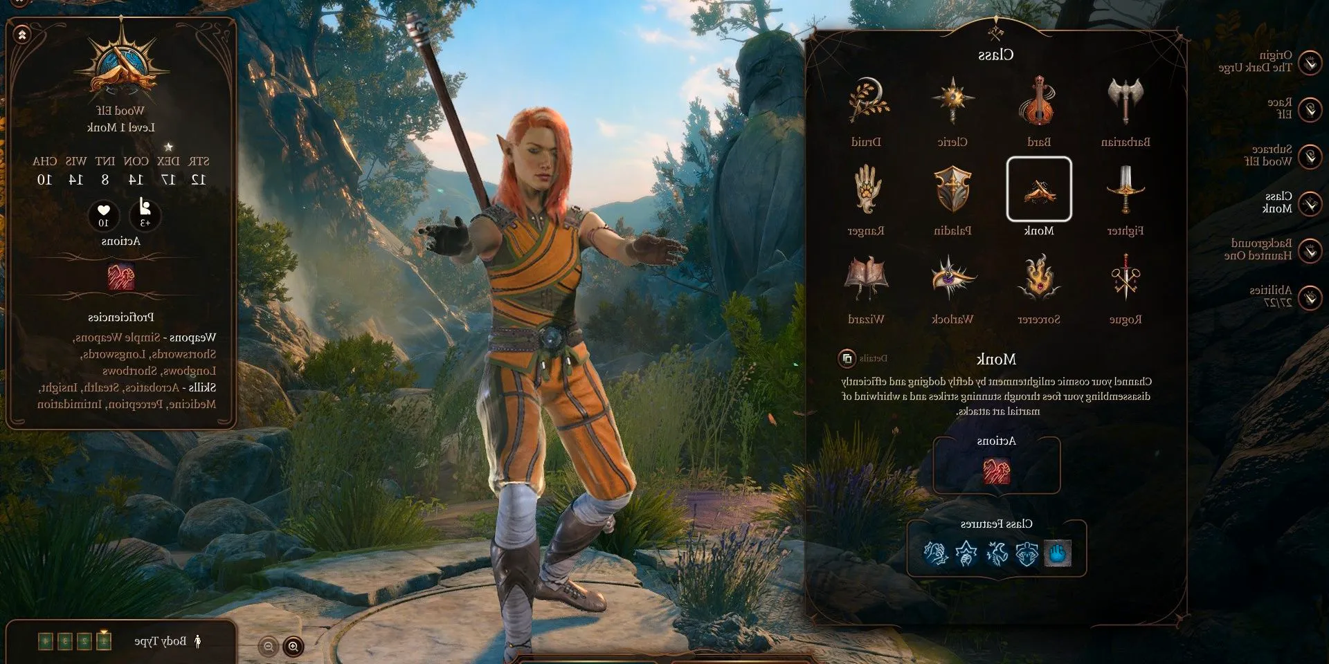 Character creation screen showing a wood elf monk in Baldur's Gate 3. Image