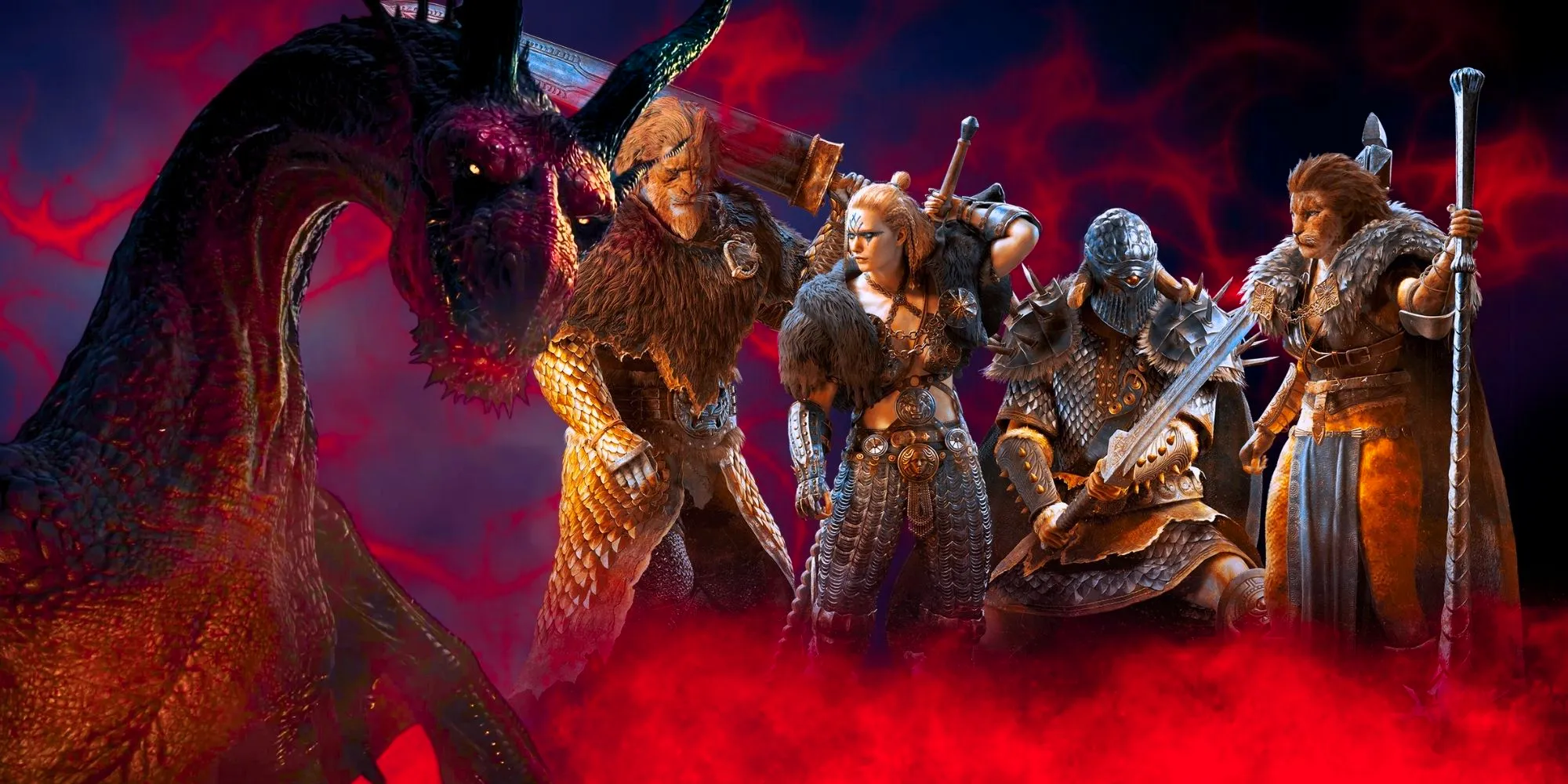 Characters from Dragon's Dogma 2 with a huge dragon beside them. Image