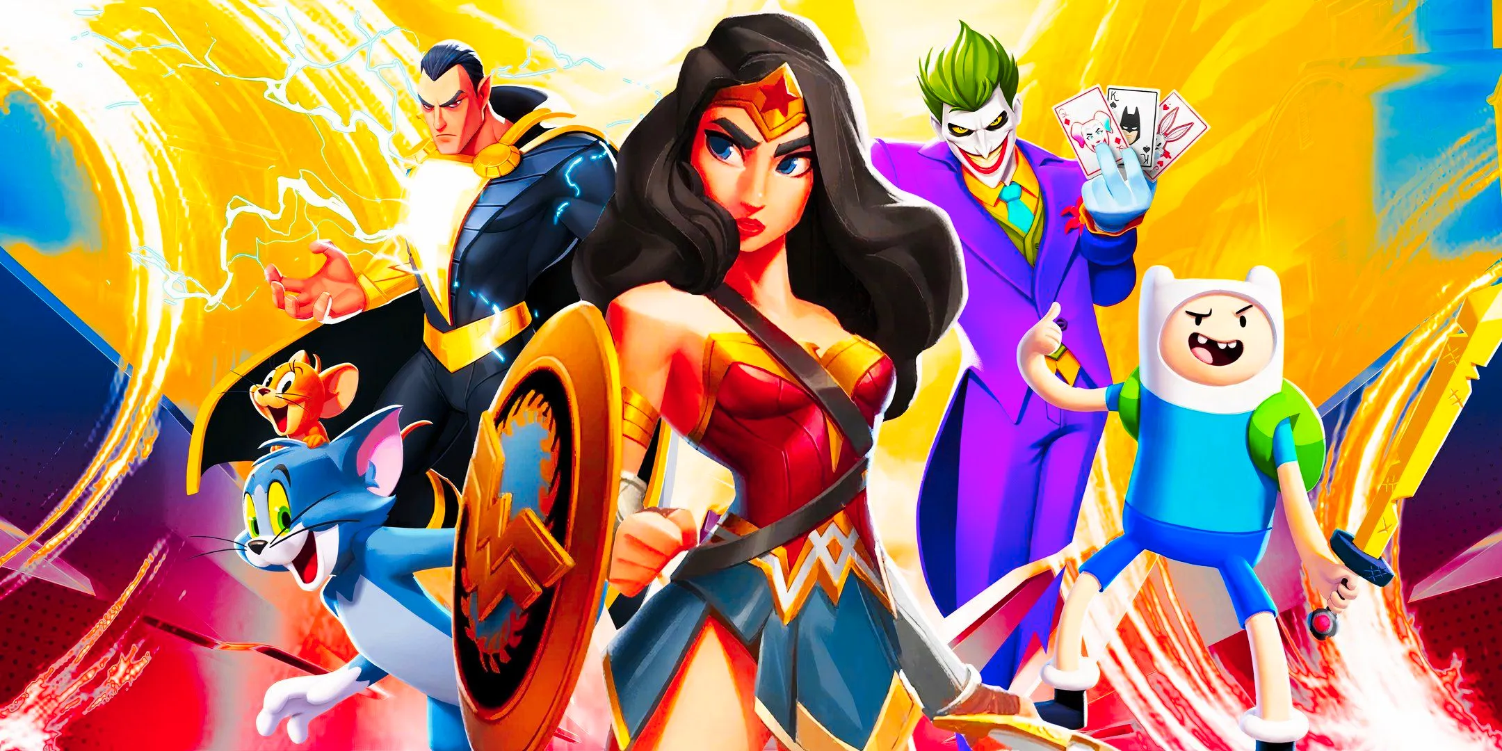 Characters from Multiversus including Wonder Woman, Black Adam, Joker, and Finn.  Image