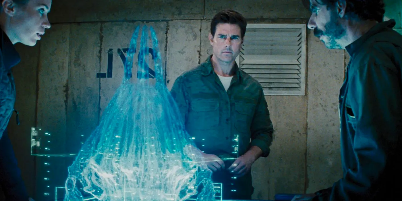 Characters looking at the Omega's hologram in Edge of Tomorrow Image