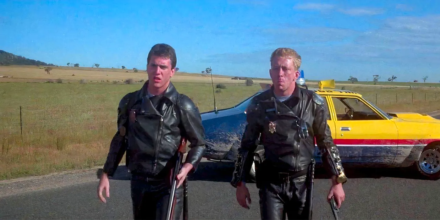 Characters Max and Goose stand in front of Max's car, the Interceptor, in the 1979 movie Mad Max. Image