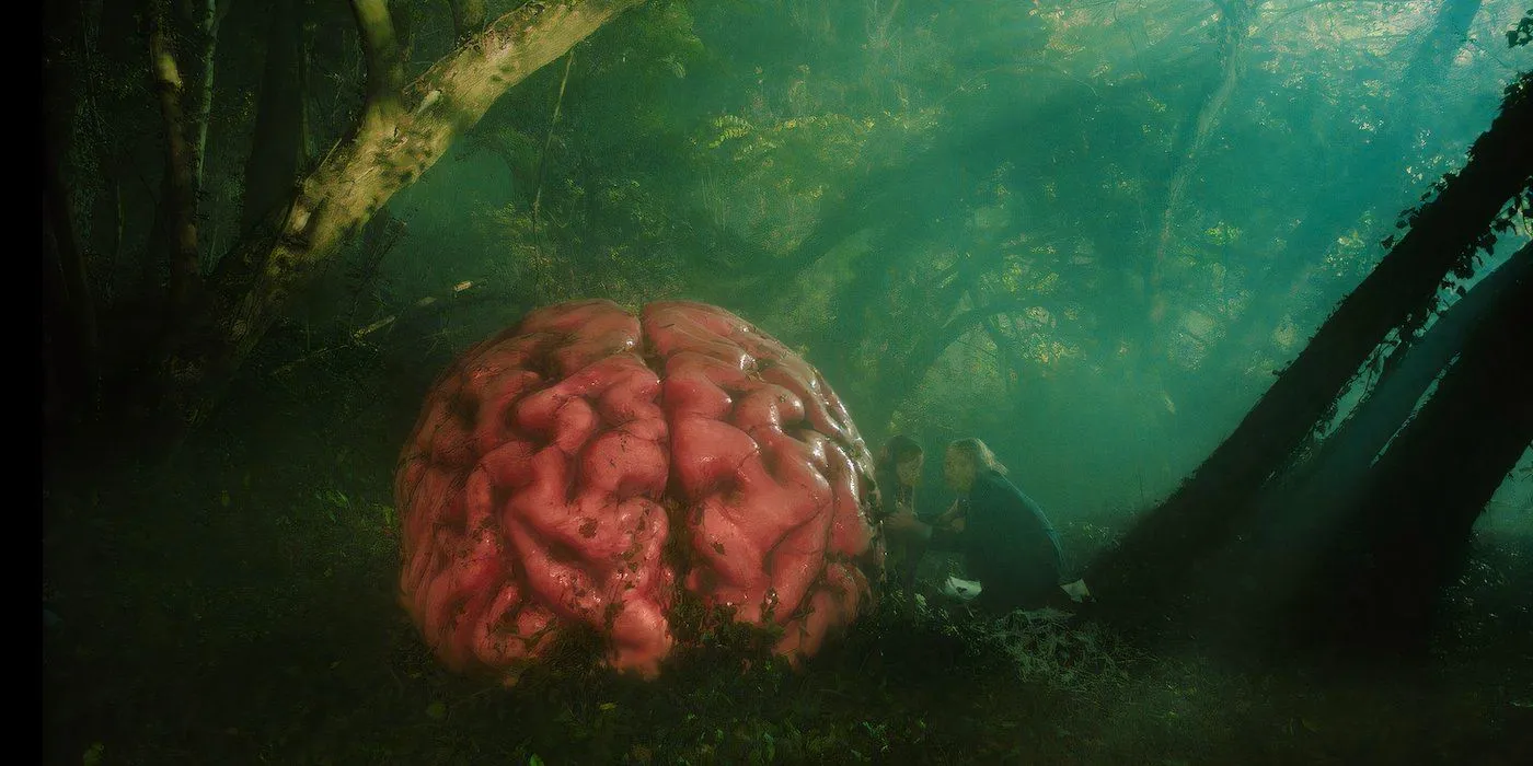 Characters stand near big brain in Rumours movie still Image