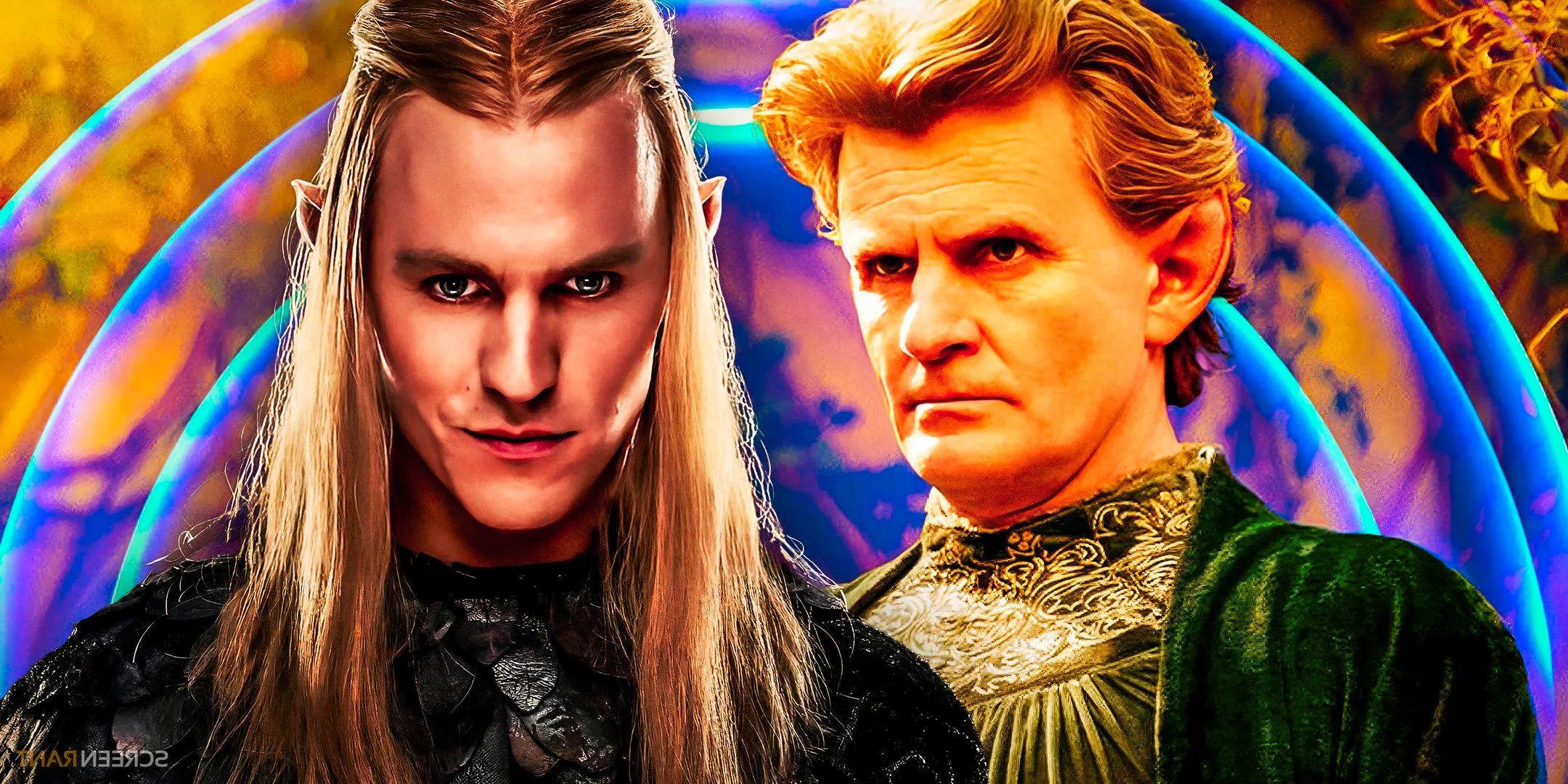 Charles Edwards as Celebrimbor and Charlie Vickers as Sauron in The Rings of Power. Image