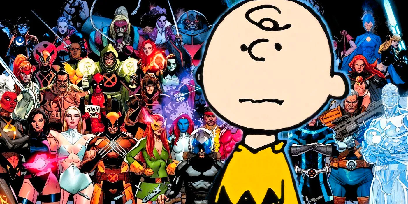 Charlie Brown with the X-Men behind him. Image