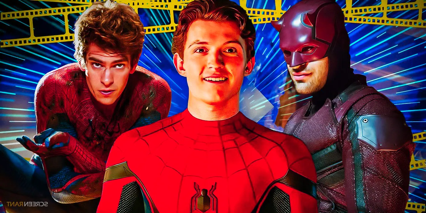 Charlie Cox's Daredevil, Tom Holland's Spider-Man, and Andrew Garfield's Spider-Man with a background that features blue lines and film roll Image