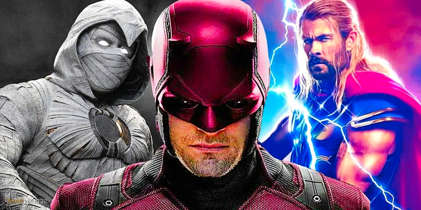 Charlie Cox's Daredevil with Chris Hemsworth's Thor and Oscar Isaac's Moon Knight at each side in MCU custom image Image