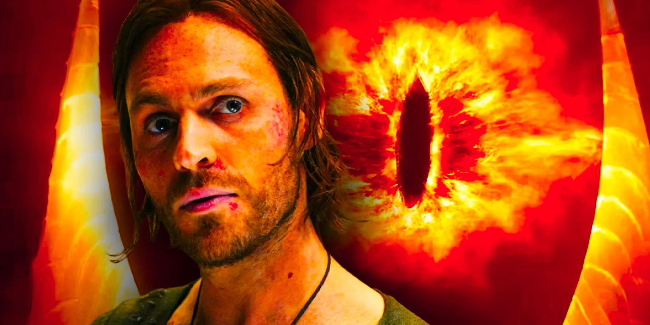 Charlie Vickers as Halbrand/Sauron in The Rings of Power season 1 and the Eye of Sauron from The Lord of the Rings Image