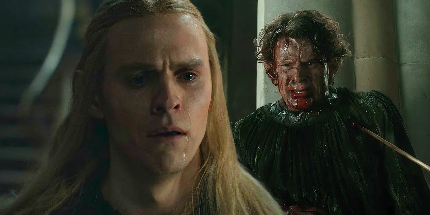 Charlie Vickers as Sauron crying in Rings of Power season 2 finale with Celembrimbor wounded Image