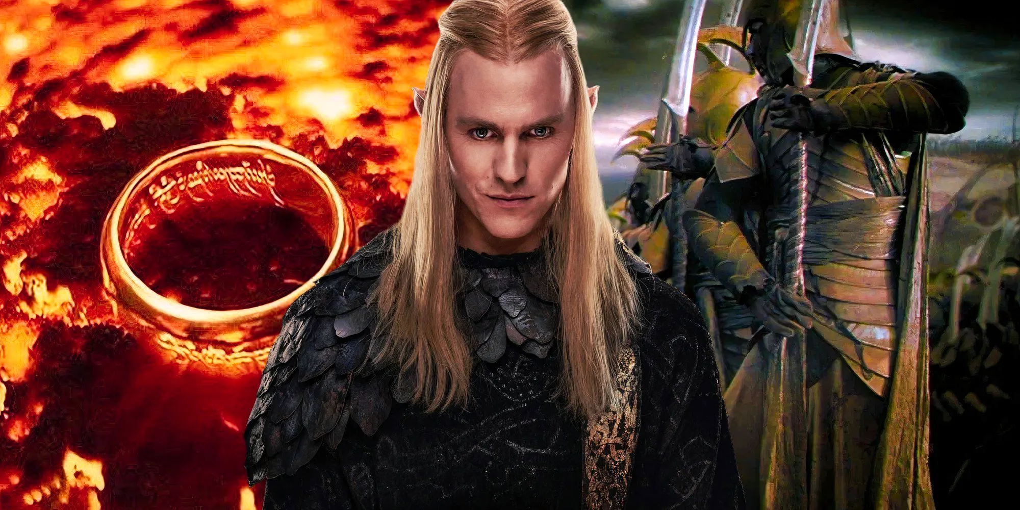 Charlie Vickers as Sauron in The Rings of Power season 2 (2024) between The War of the Last Alliance and the One Ring being destroyed as seen in Peter Jackson's The Lord of the Rings trilogy (2001-2003) Image