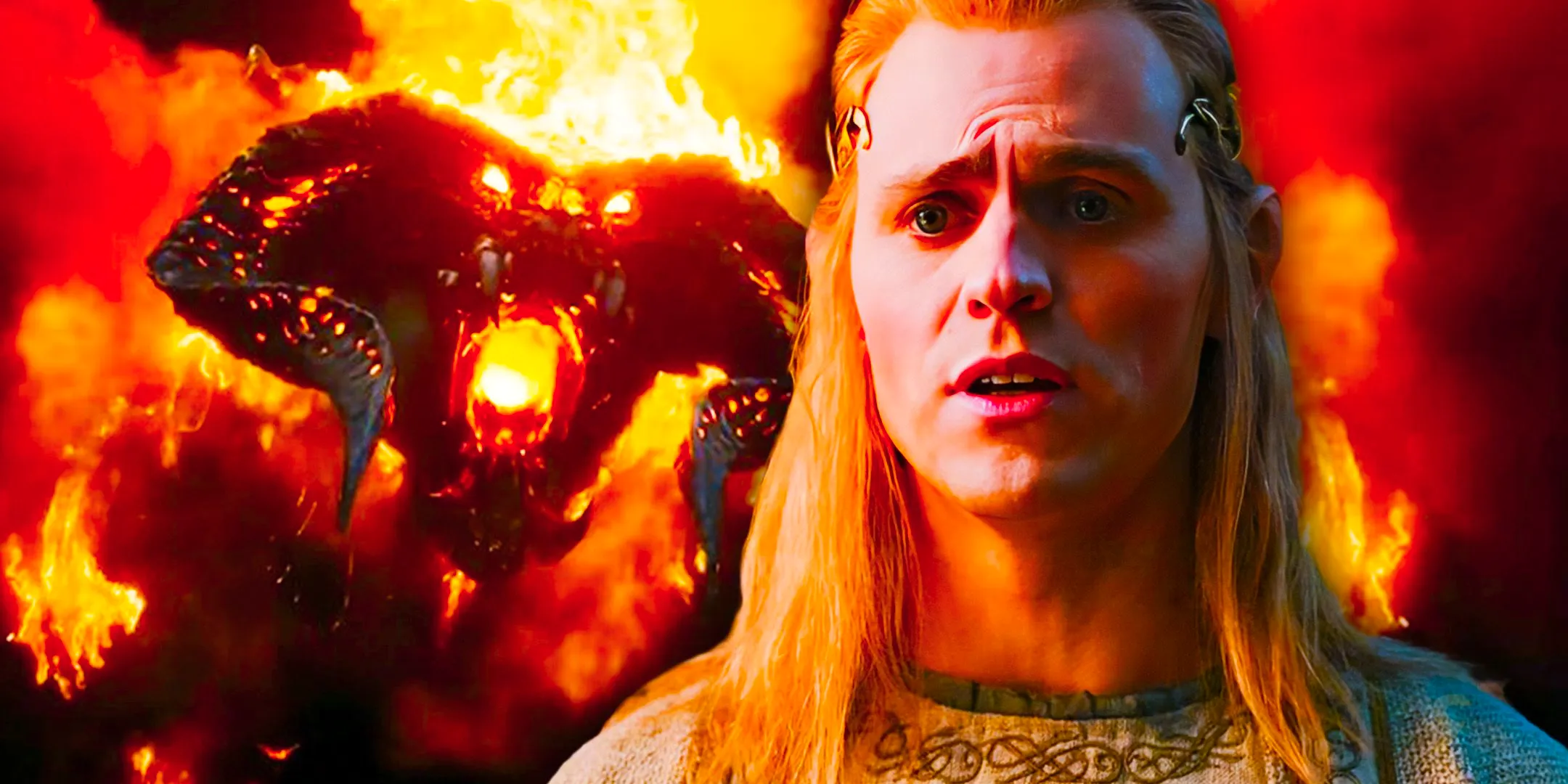 Charlie Vickers as Sauron/Annatar in The Rings of Power season 2 and the Balrog from The Lord of the Rings Image