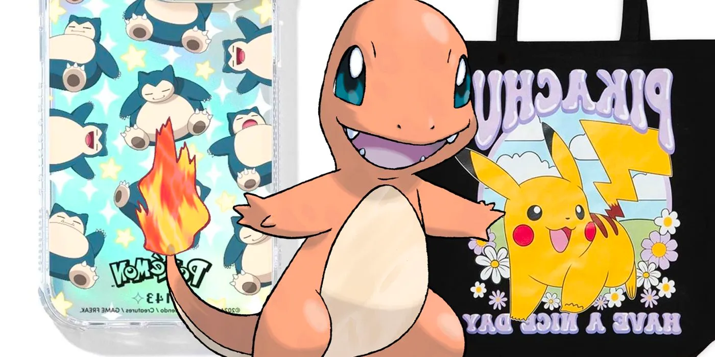 Charmander in front of two items from the Pokémon x Skinnydip collaboration collection. Image