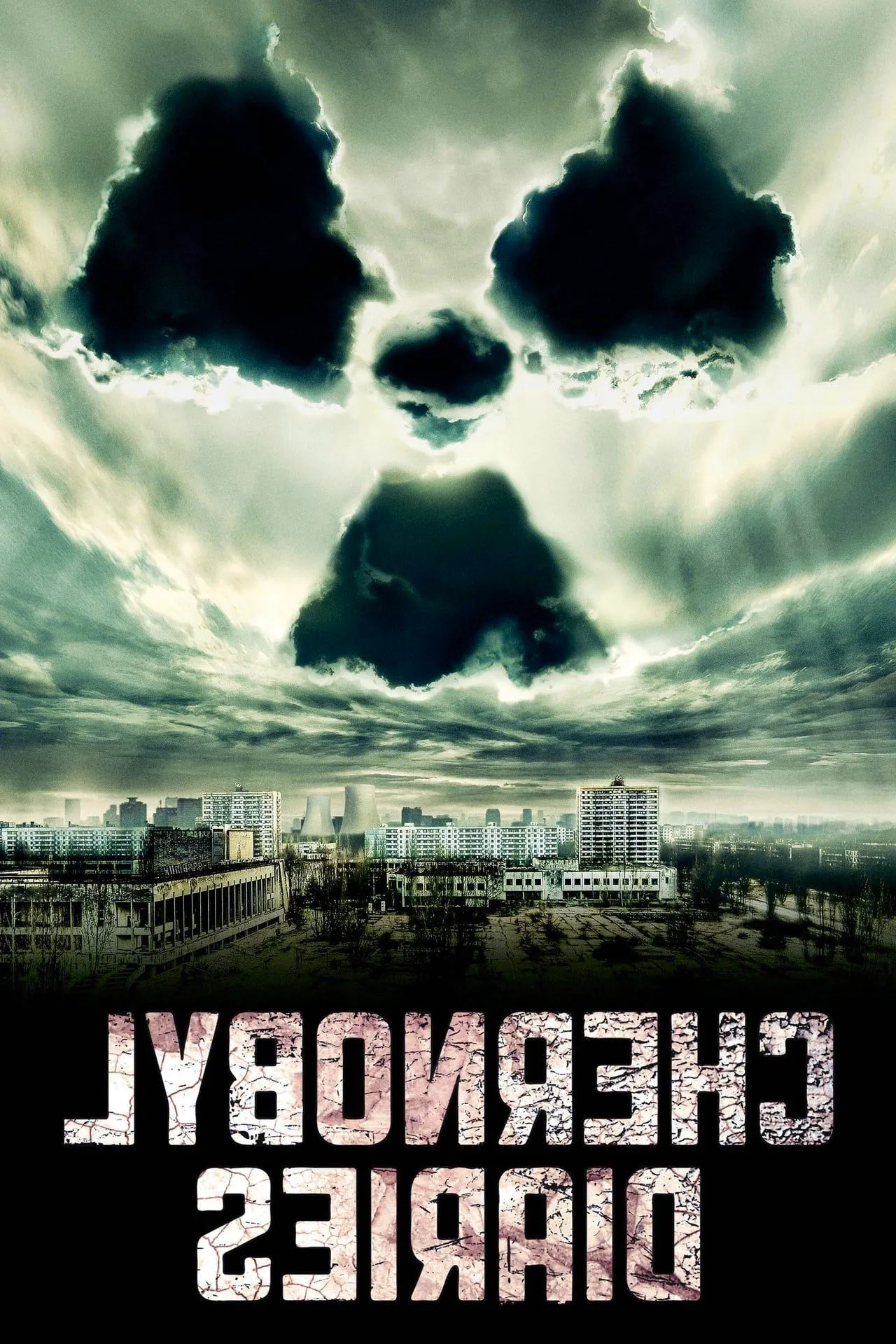 Chernobyl Diaries Movie Poster Showing a Radioactive Symbol in Clouds Image