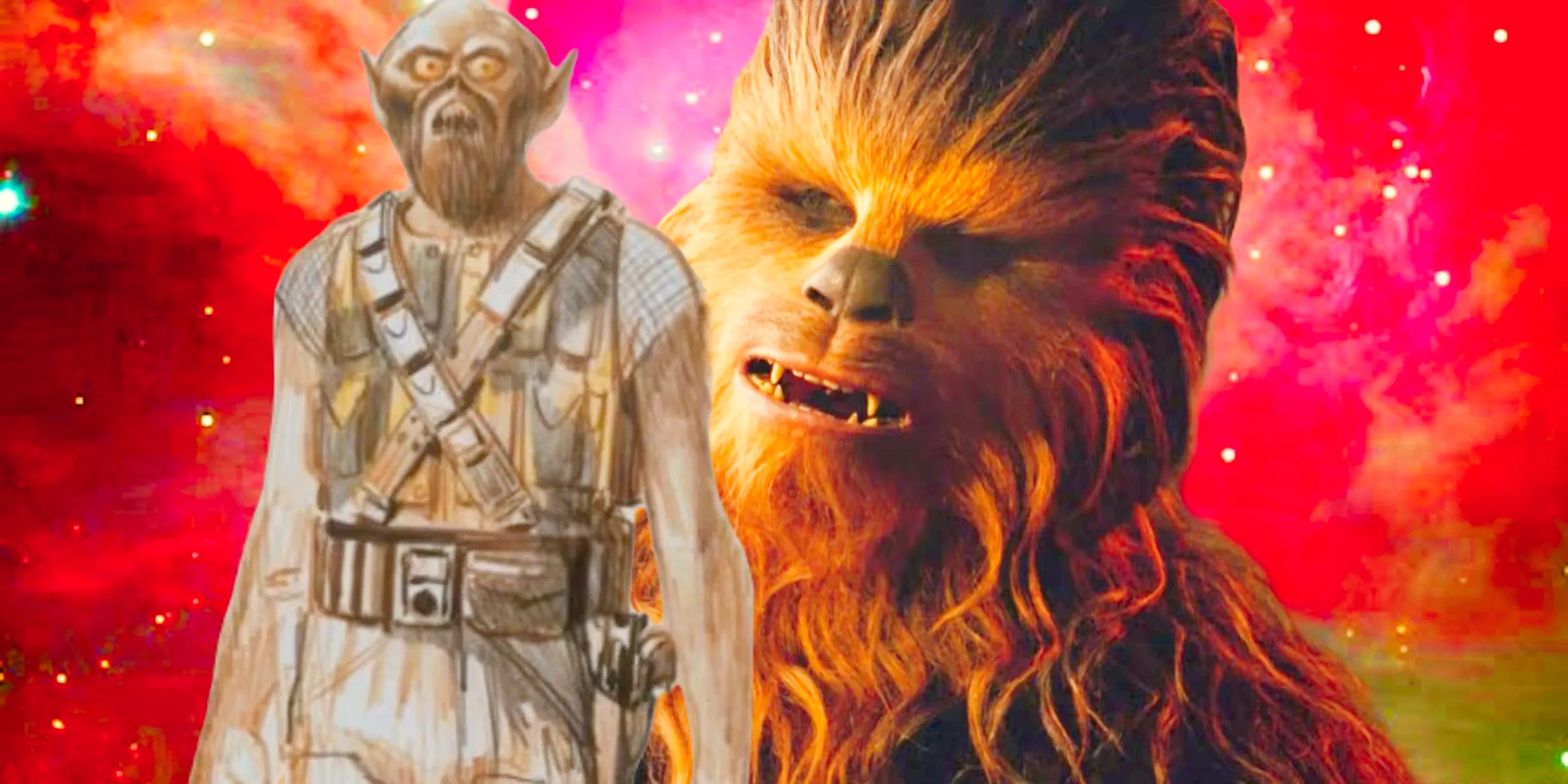 Chewbacca (Joonas Suotamo) in Star Wars: Episode IX - The Rise of Skywalker next to Ralph McQuarrie's early concept art of the character for A New Hope set against a starry background tinted red and pink Image