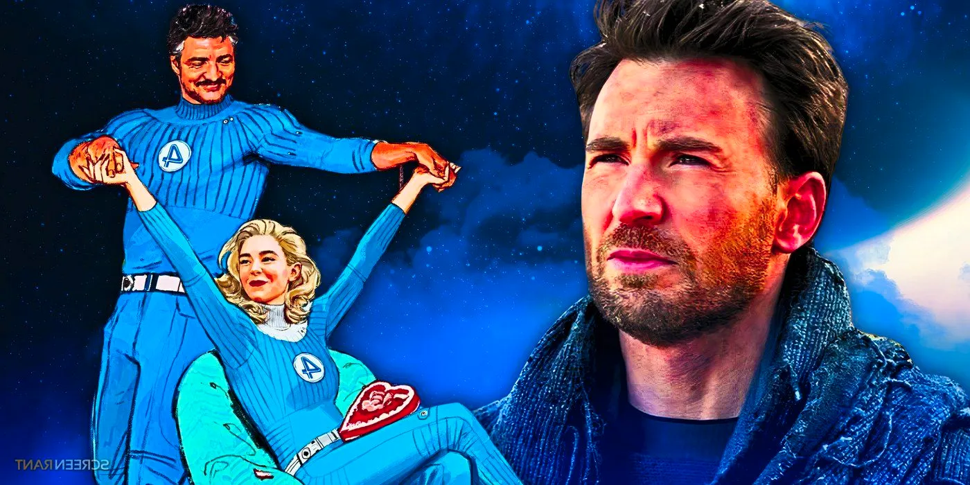 Chris Evans' Johnny Storm from Deadpool & Wolverine and Pedro Pascal's Reed Richards and Vanessa Kirby's Sue Storm from The Fantastic Four: First Steps concept art with a cosmic background Image