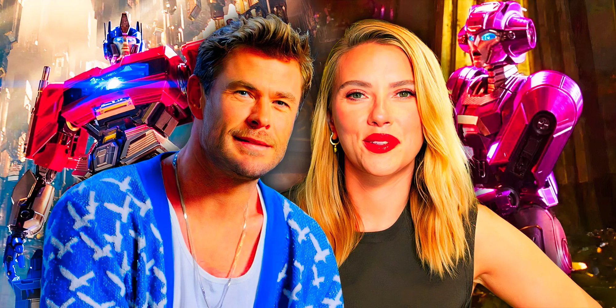 Chris Hemsworth and Scarlett Johansson and characters from Transformers One Image