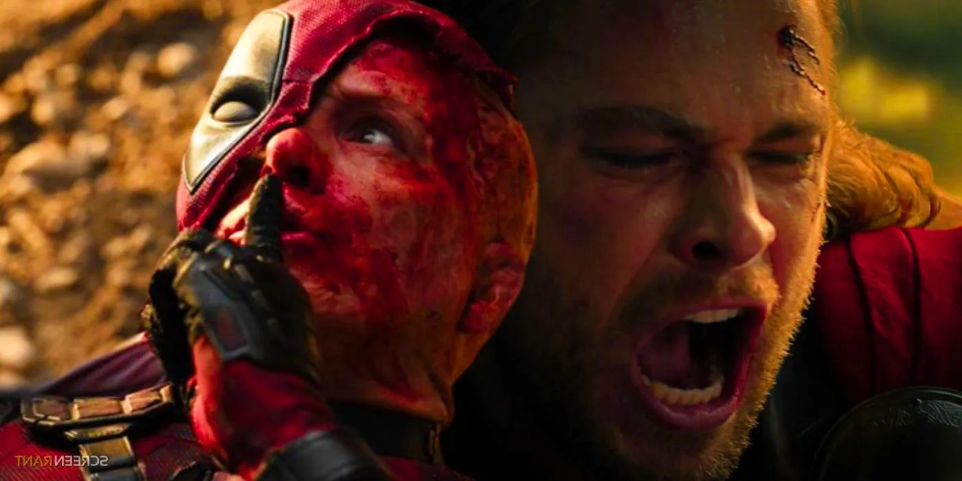 Chris Hemsworth as Thor next to a dying Deadpool Image