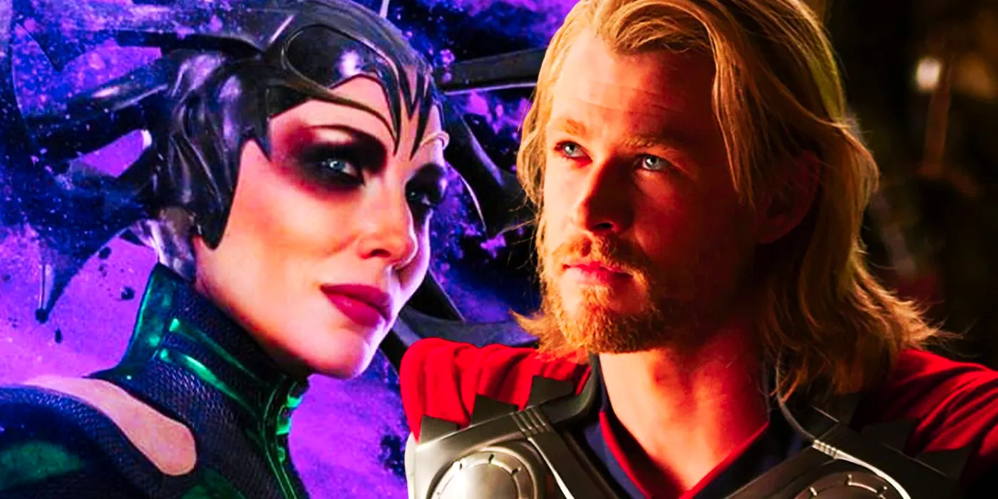 Chris Hemsworth in 2011's Thor and Hela with purple background in Thor Ragnarok poster Image