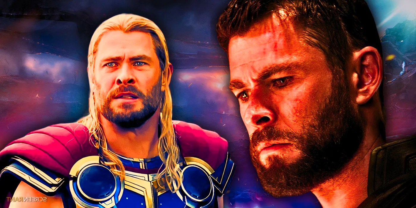 Chris Hemsworth's Thor looking sad and concerned in Avengers: Endgame and Thor: Love and Thunder, with Endgame's final battle in the background Image