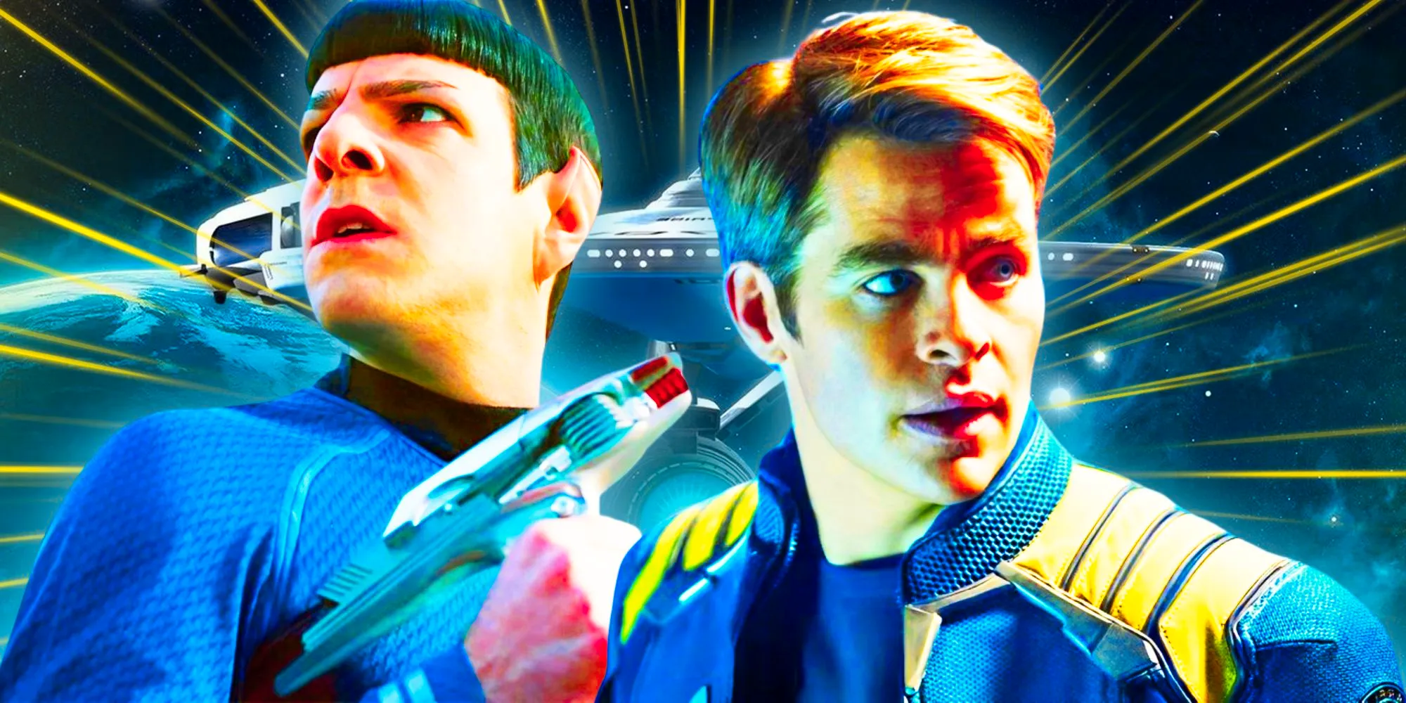 Chris Pine as Kirk and Zachary Quinto as Spock in Star Trek Beyond with the Enterprise in the background. Image