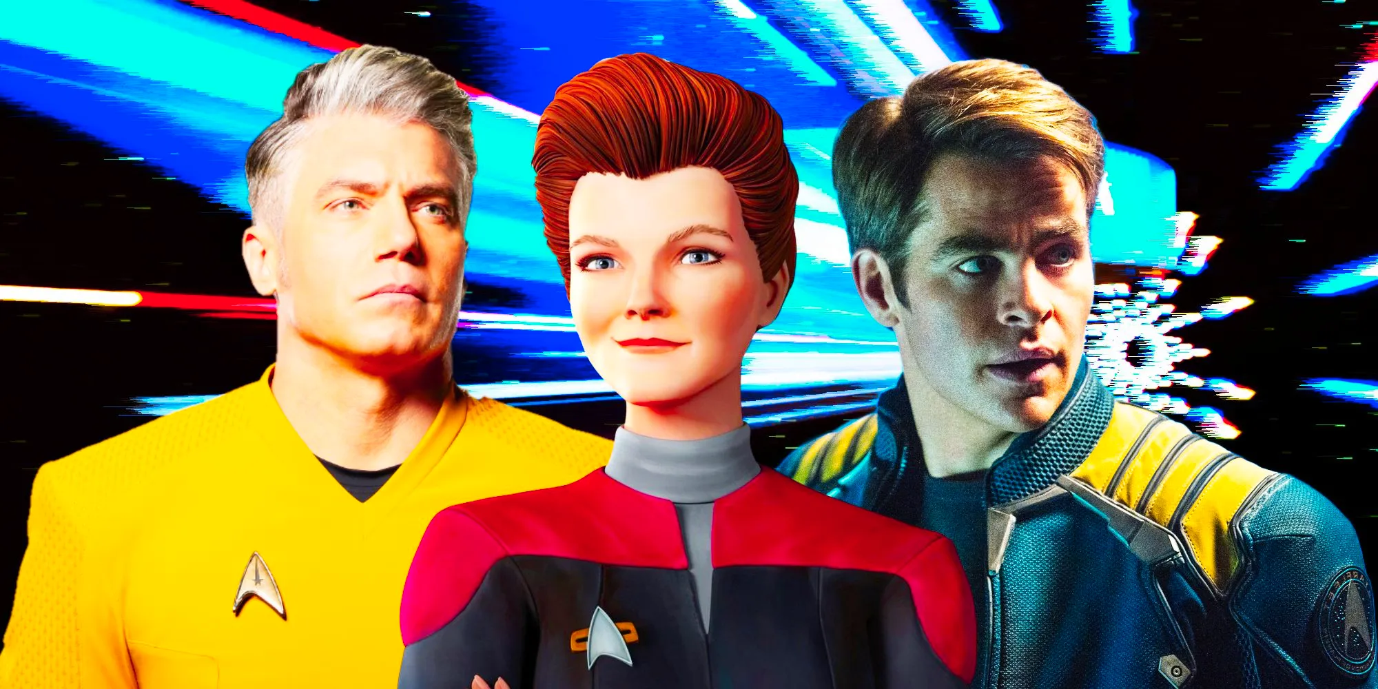 Chris Pine as Kirk, Hologram Janeway and Anson Mount as Pike in Star Trek Image