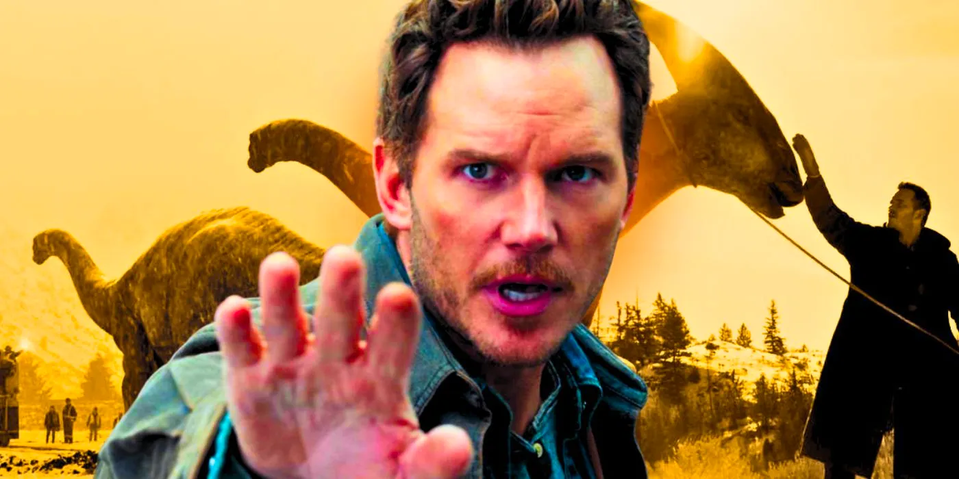 Chris Pratt stood in front of dinosaurs Image