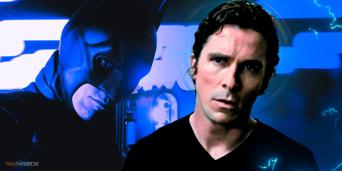 Christian Bale as Bruce Wayne and Batman with a purple hue Image