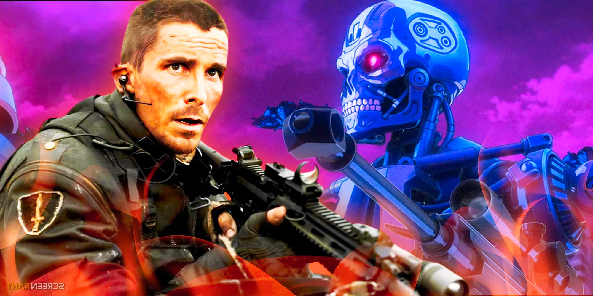 Christian Bale's John Connor from Salvation with an assault rifle with a T-800 Terminator from Terminator Zero Image