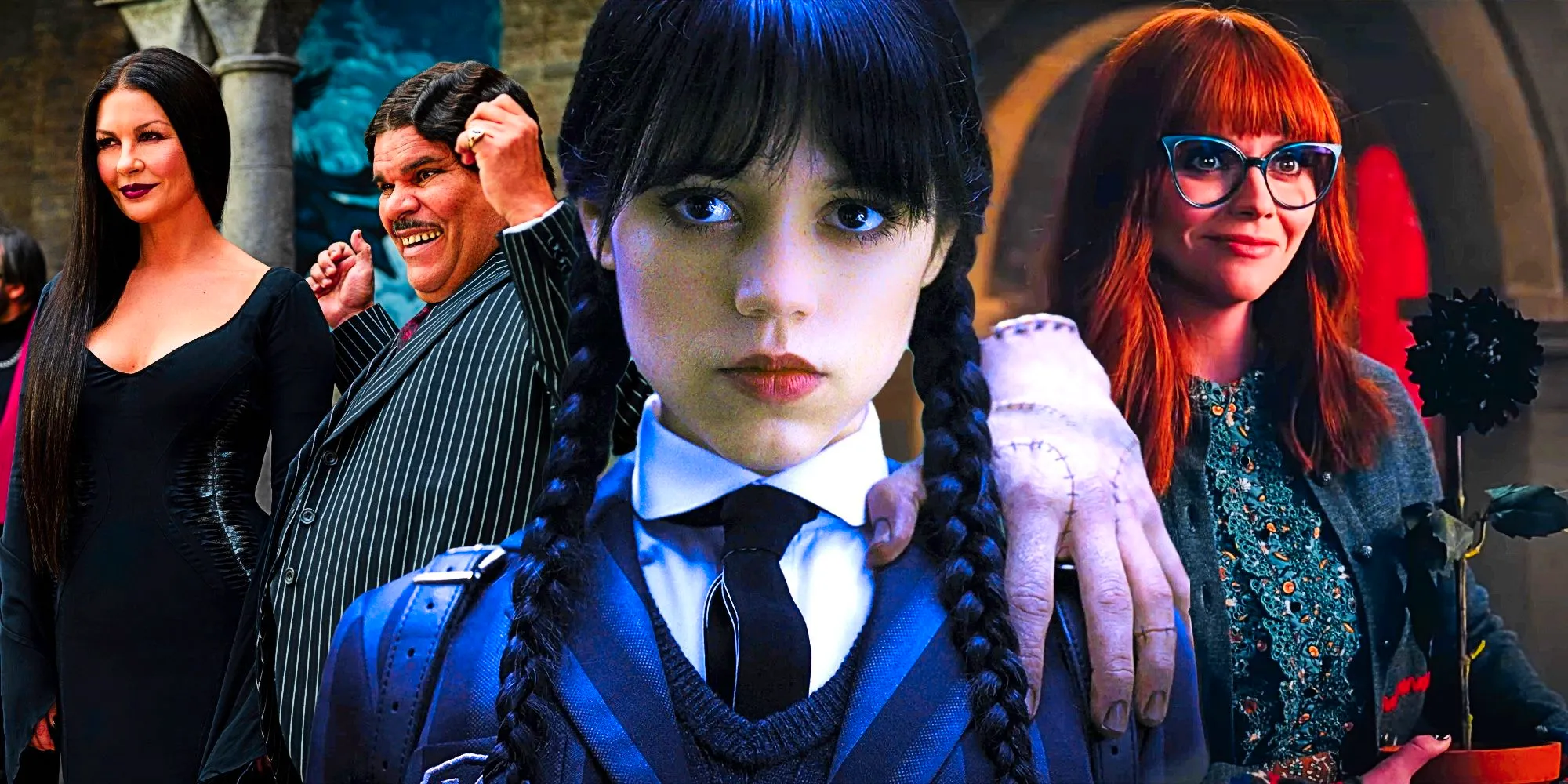 Christina Ricci, Jenna Ortega, Luis Guzman, and Catherine Zeta-Jones in Wednesday season 1 Image