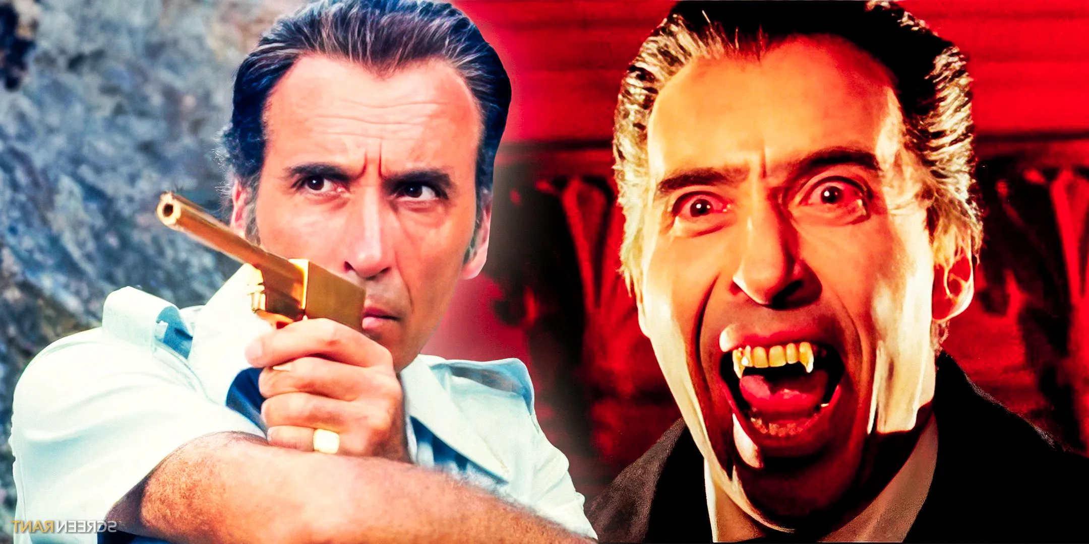 Christopher Lee hissing as Count Dracula in The Satanic Rites of Dracula and Christopher Lee as Scaramanga) in James Bond adventure The Man with the Golden Gun Image