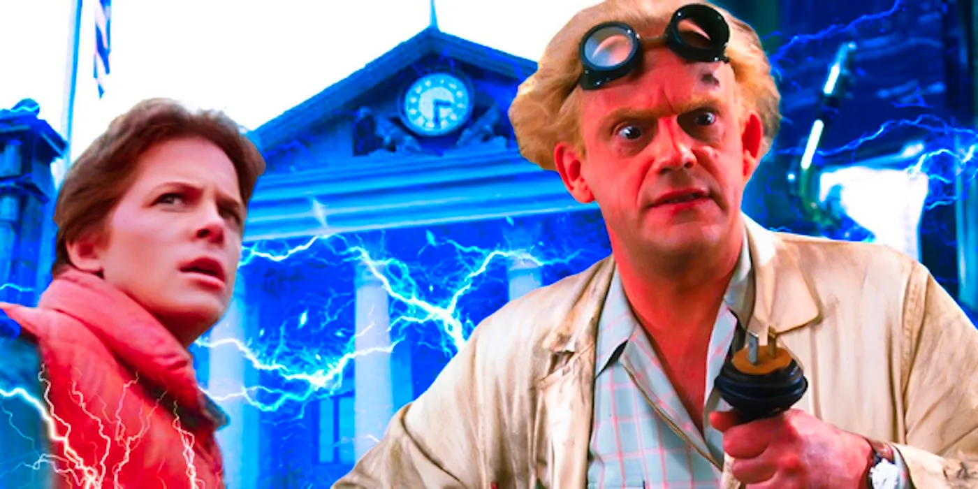 Christopher Lloyd's Doc Brown and Michael J Fox's Marty standing by the clocktower in Back to the Future Image