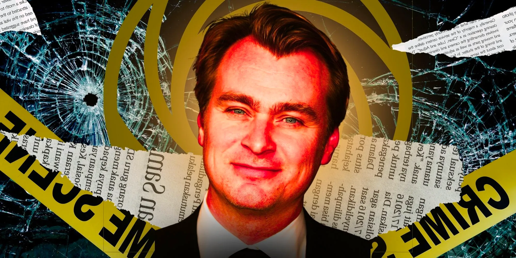 Christopher Nolan in front of shattered glass, torn newspapers, and crime scene tape  Image