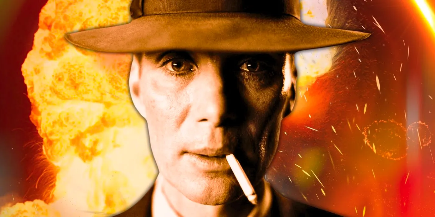 Cillian Murphy as Oppenheimer with explosions behind him. Image