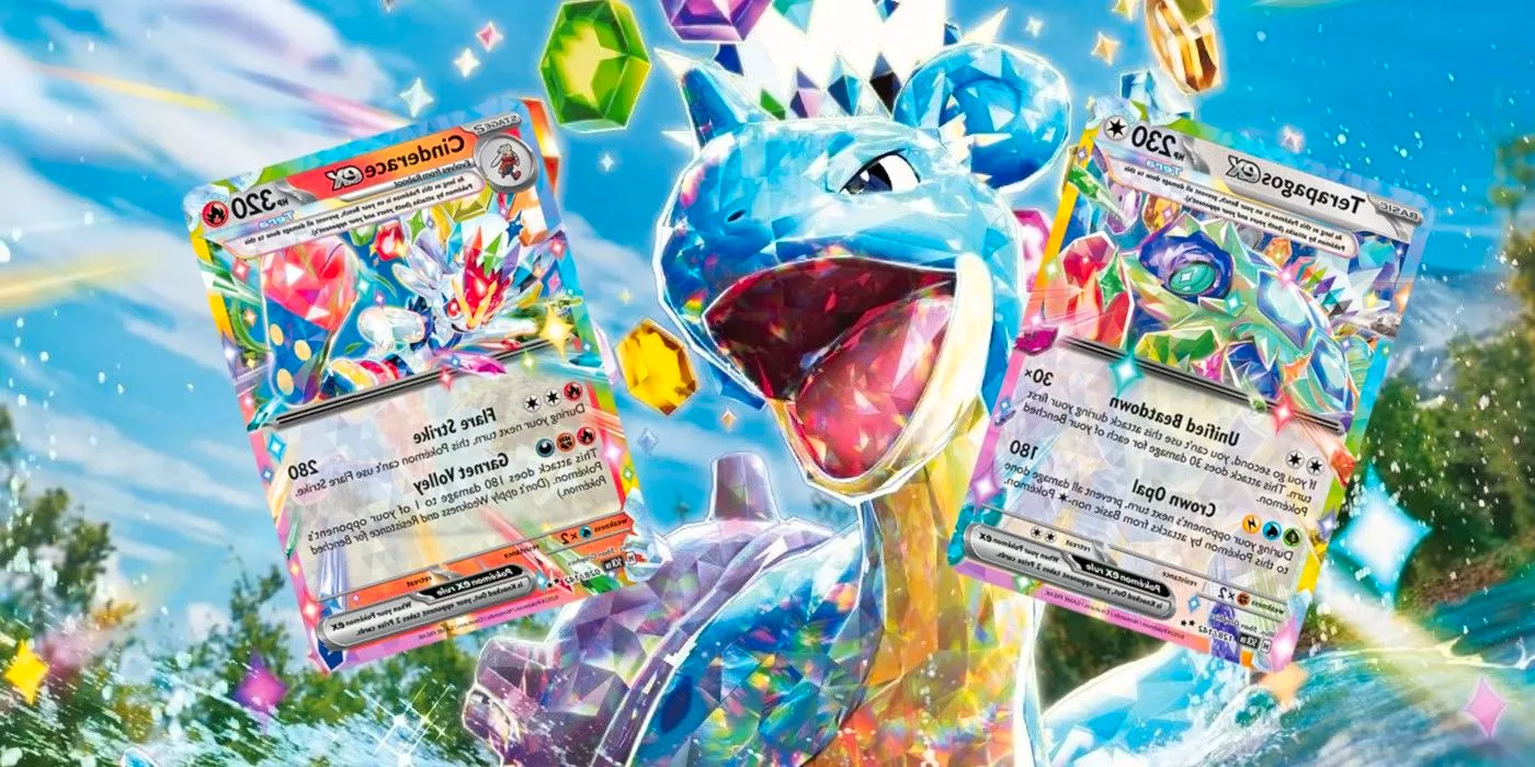 Cinderace ex and Terapagos ex from the Pokémon Trading card Game's Stellar Crown expansion set, with art of Tera Lapras ex in the background. Image