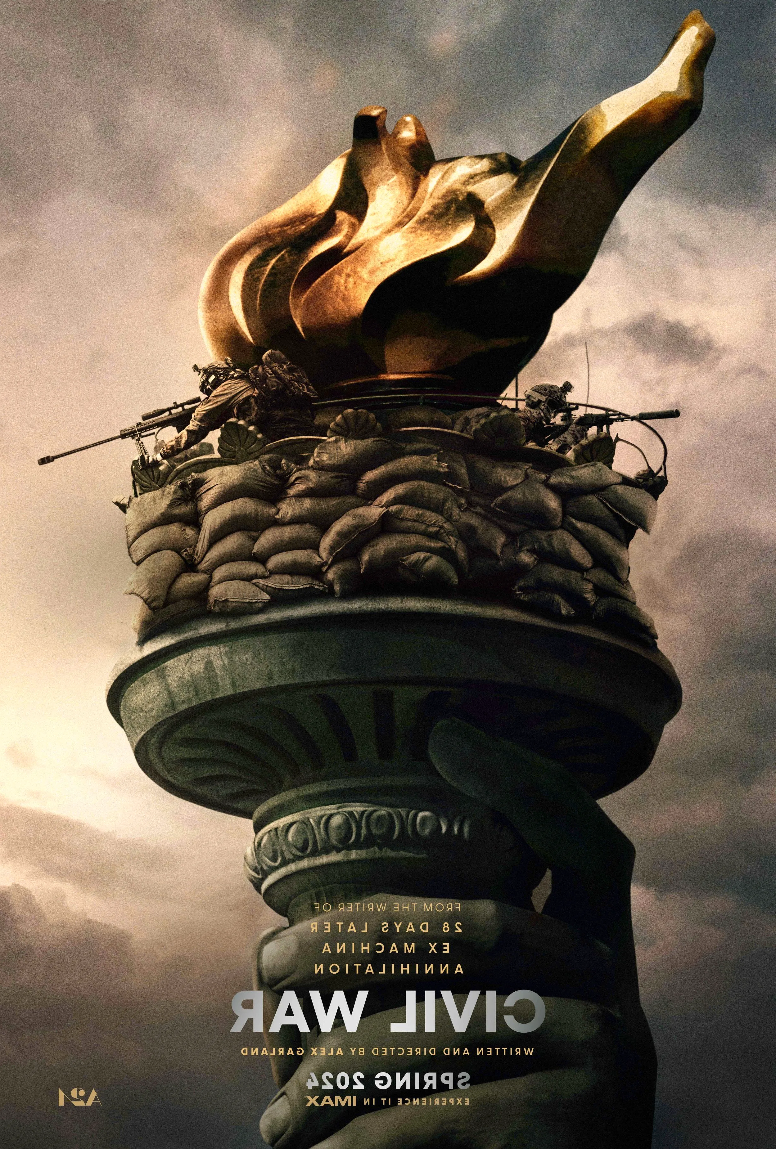 Civil War 2024 Movie Poster Featuring Fighters with Snipers Atop the Statue of Liberty Image