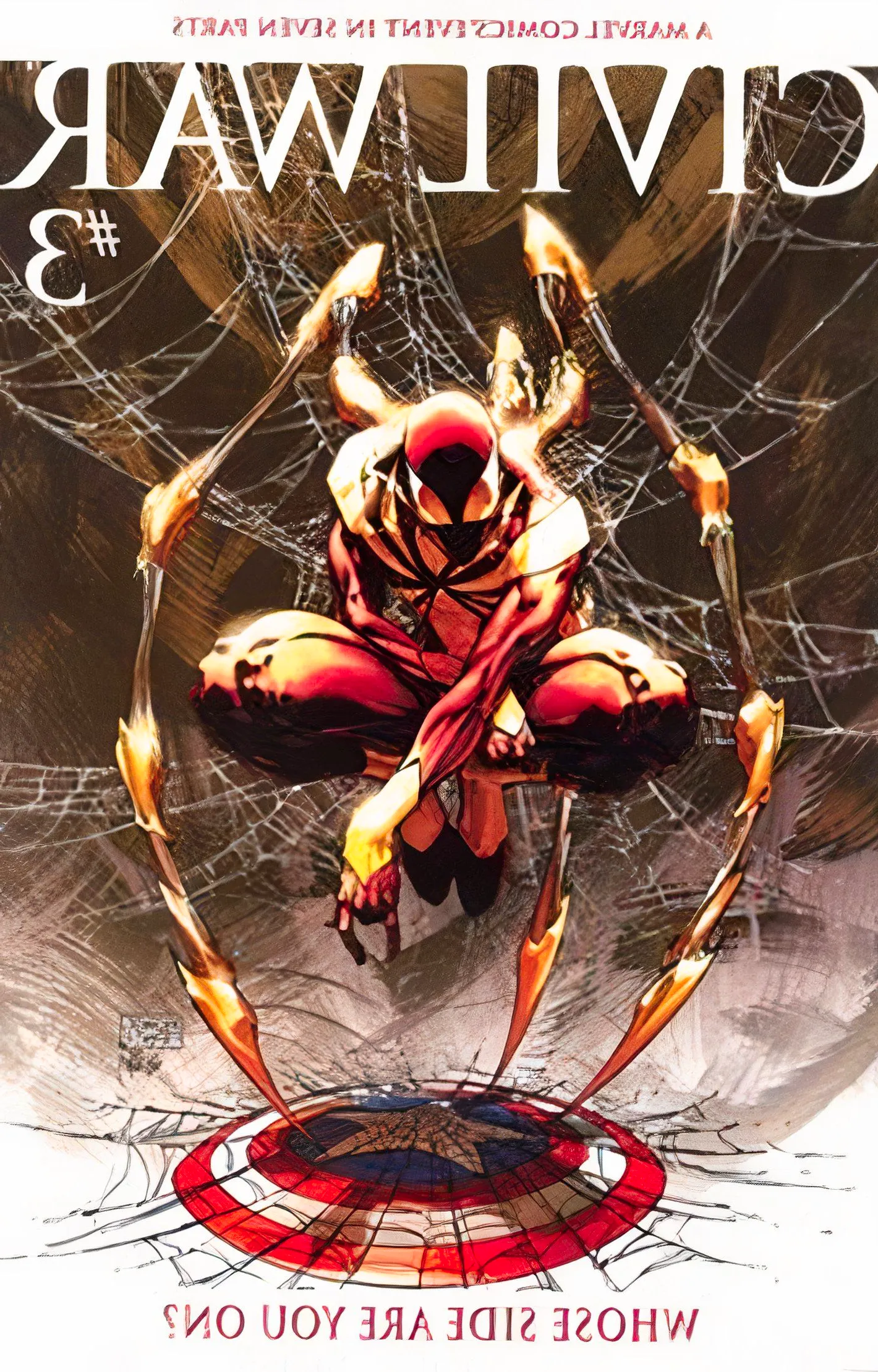 Civil War #3 Turner color variant, Spider-Man (in Iron Spider costume) weaving a web over Captain America's shield. Image