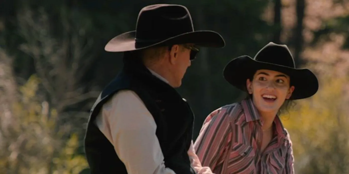 Clara Brewer (Lilli Kay) and John Dutton (Kevin Costner) riding horses in Yellowstone. Image