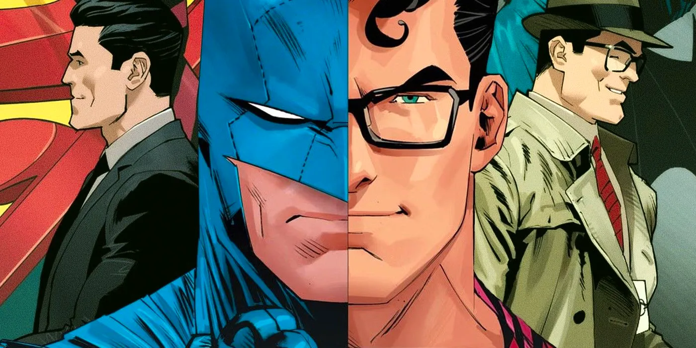 Clark Kent (left); split image of Clark and Batman (center); Bruce Wayne (right) Image