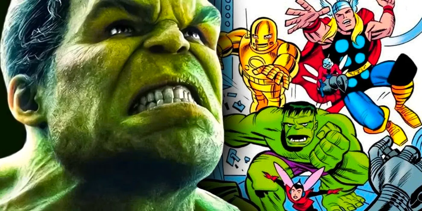 Classic Marvel Comics Avengers (left, background) and the MCU Hulk (right, foreground.) Image