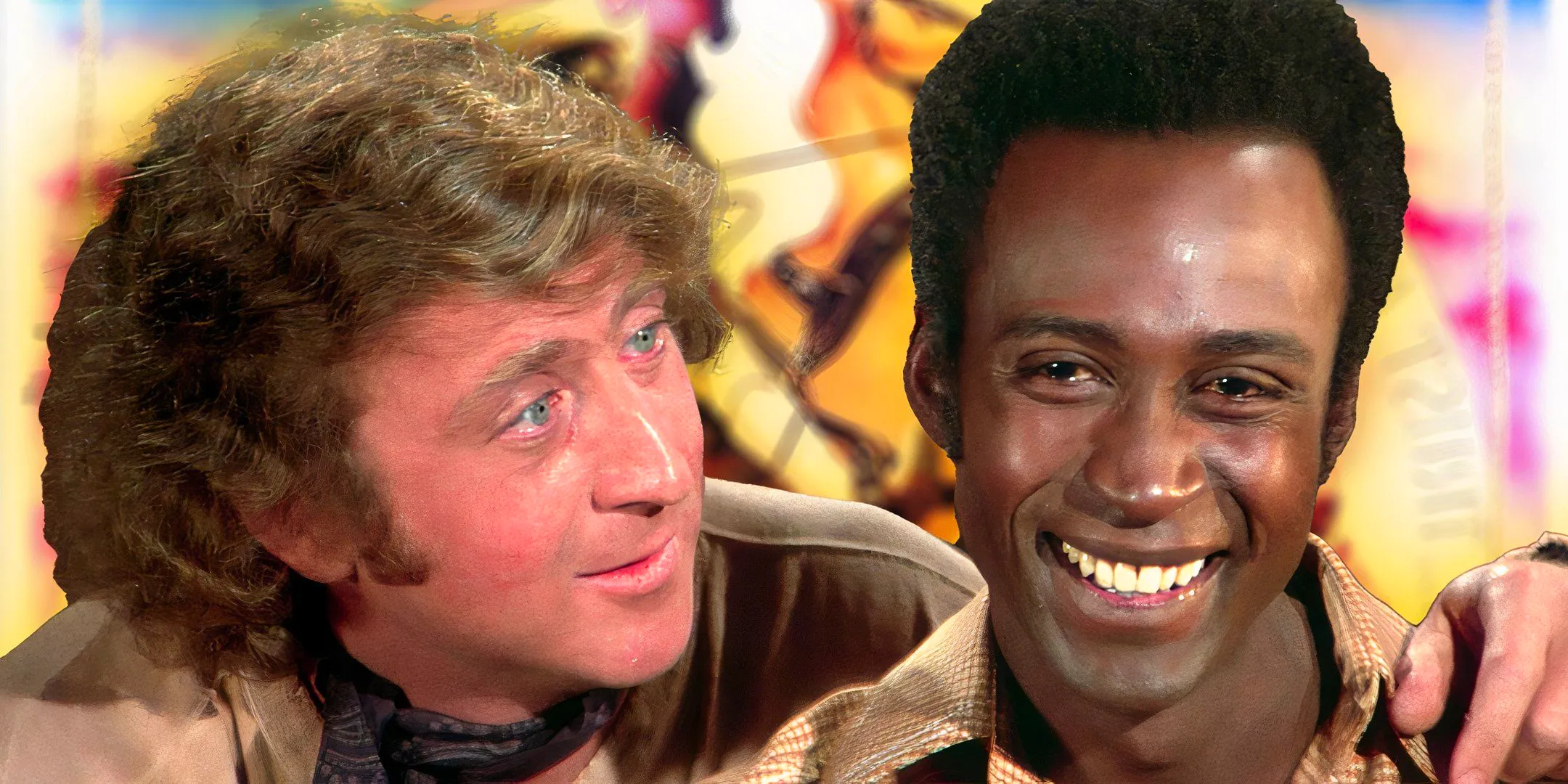 Cleavon Little as Bart smiling and Gene Wilder as Jim holding his arm around Bart against Blazing Saddles poster backdrop Image