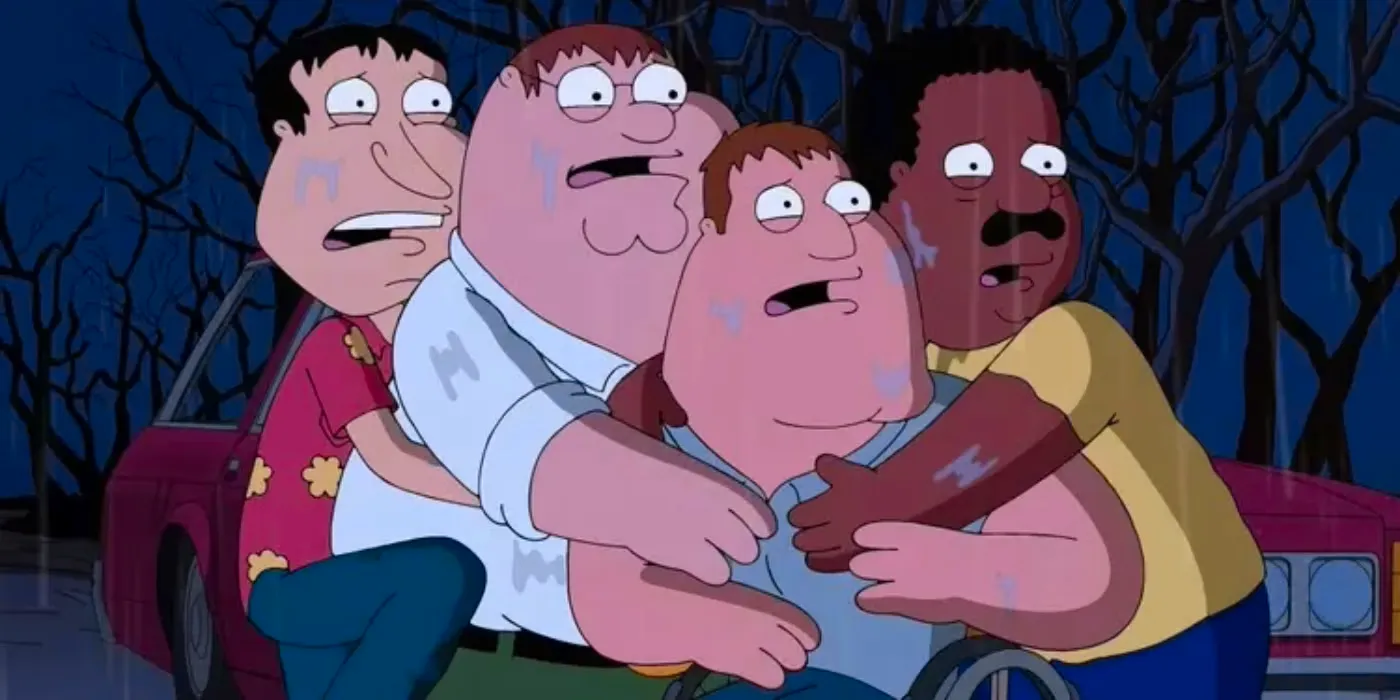 Cleveland Joe Peter and Quagmire huddle in fear in Family Guy Peternormal Activity Image