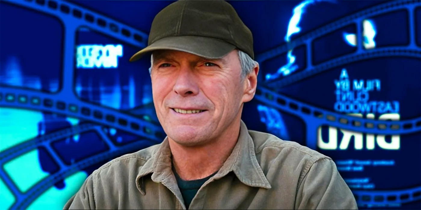 Clint Eastwood in Front of Blue Film Strips and Movie Posters Image