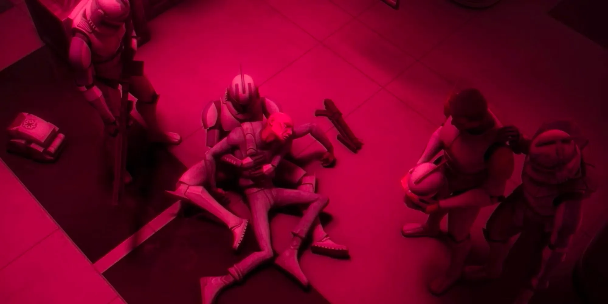 Clone 99 dead being held by other clones in Star Wars: The Clone Wars Image