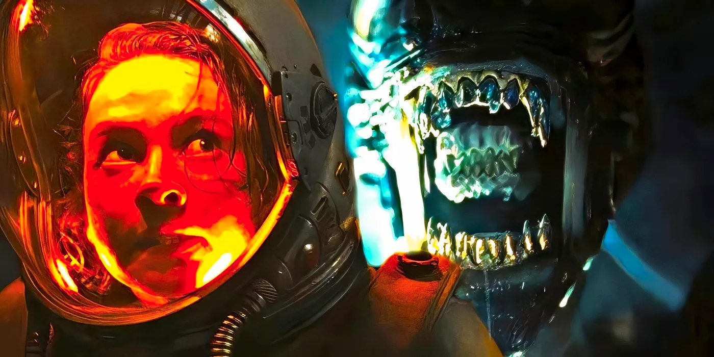 Close-up of a Xenomorph's face behind a person in a space suit.  Image