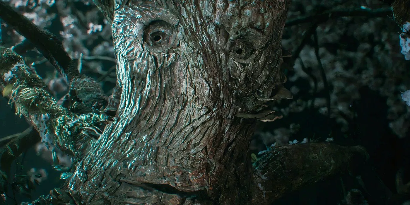 Close-up of an Ent face in Lord of the Rings: The Rings of Power. Image