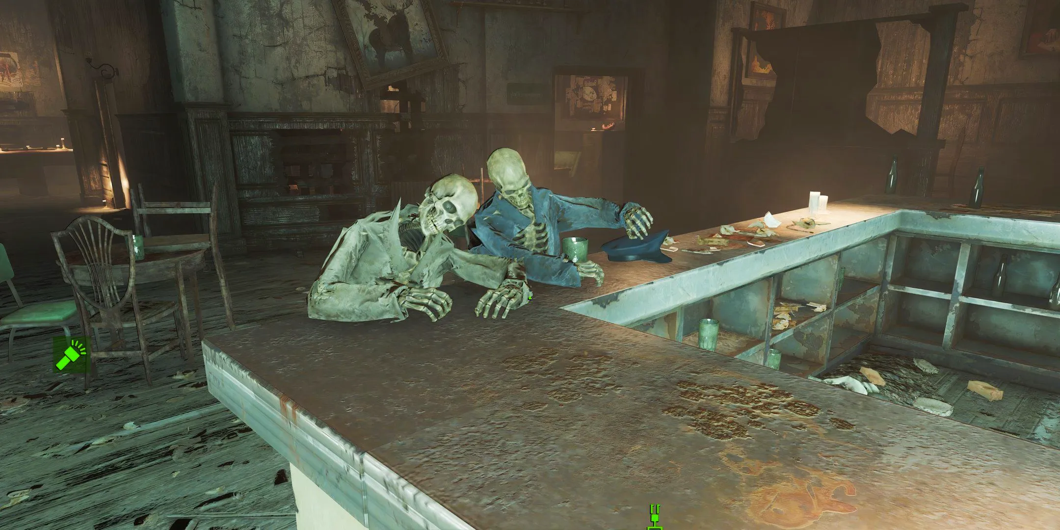 Close up of Cliff and Norm skeletons in Prost bar in Fallout 4. Image